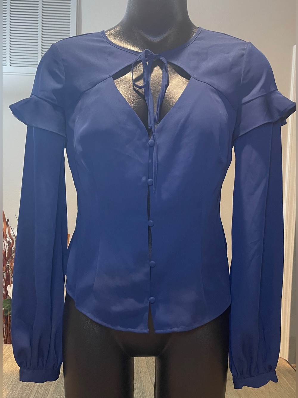 bebe Navy Tie-Neck Button Front Blouse, Size Medium